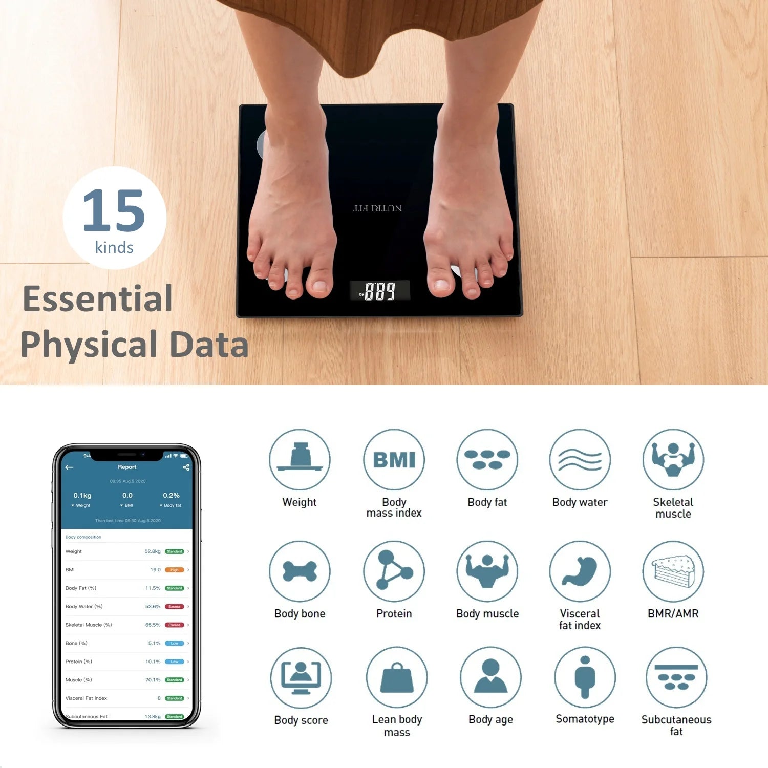 Smart Scale for Body Weight and Fat, Digital Bathroom Body Scales Composition Analyser